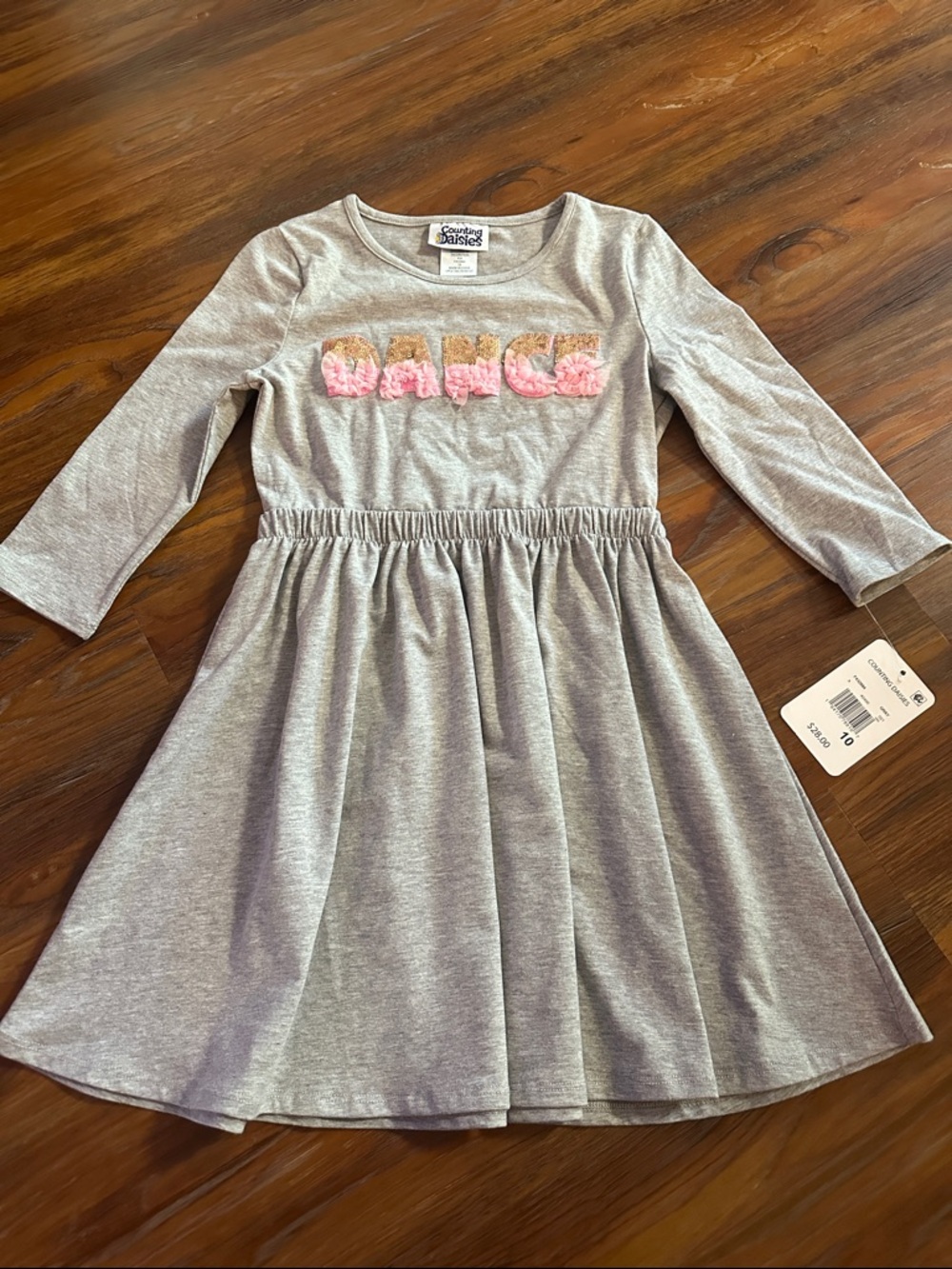 Counting Daisies NWT Gray Long-Sleeve Girls Dress with Pink Floral Trim Size 10